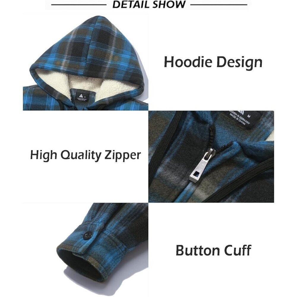 Men's Blue Yellow Fleece Sherpa Lined Plaid Jackets Full Zip Up Hoodie Outwear - Picture 5 of 6